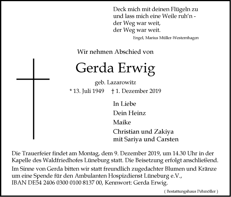  Traueranzeige für Gerda Erwig vom 04.12.2019 aus LZ