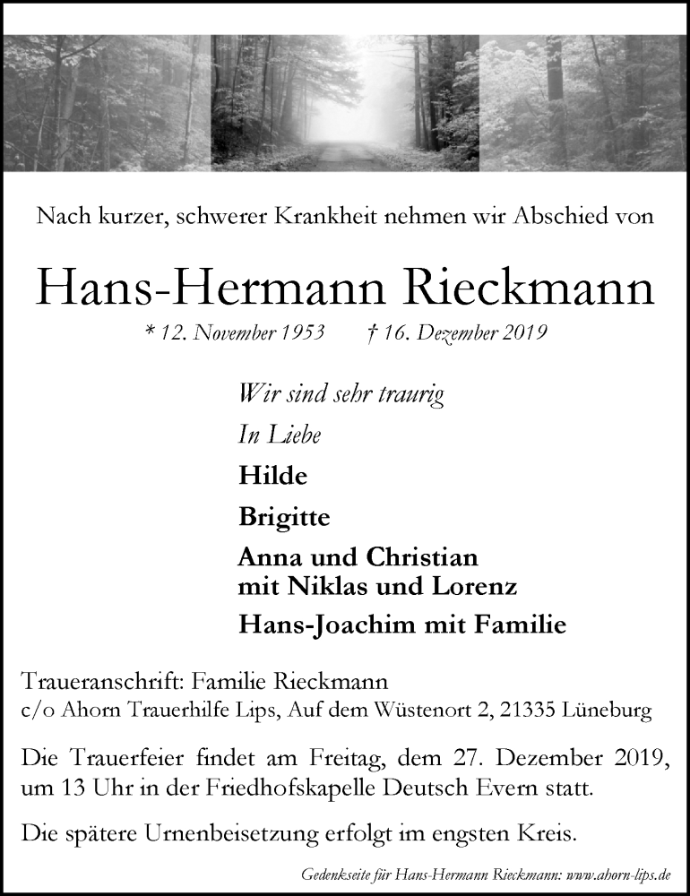  Traueranzeige für Hans-Hermann Rieckmann vom 21.12.2019 aus LZ