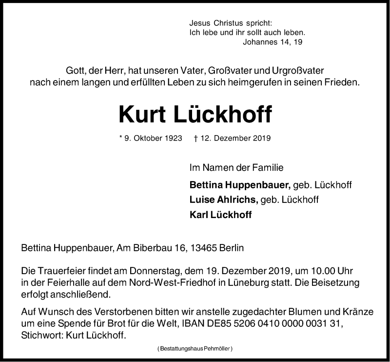  Traueranzeige für Kurt Lückhoff vom 17.12.2019 aus LZ