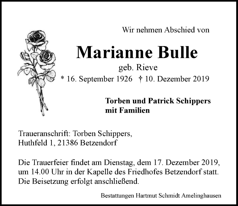  Traueranzeige für Marianne Bulle vom 13.12.2019 aus LZ