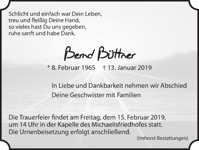  Traueranzeige für Bernd Büttner vom 09.02.2019 aus LZ