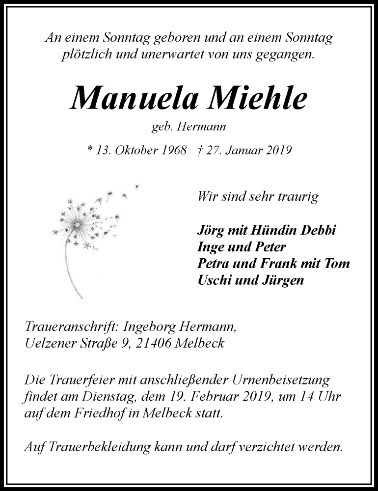  Traueranzeige für Manuela Miehle vom 13.02.2019 aus LZ