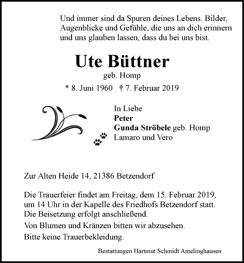  Traueranzeige für Ute Büttner vom 09.02.2019 aus LZ