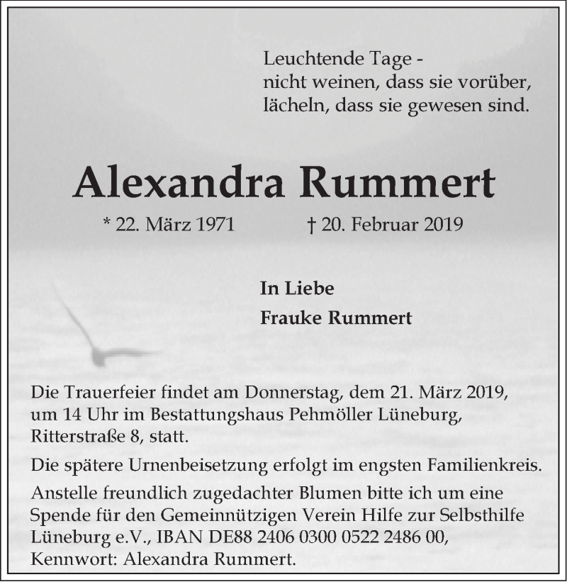  Traueranzeige für Alexandra Rummert vom 16.03.2019 aus LZ