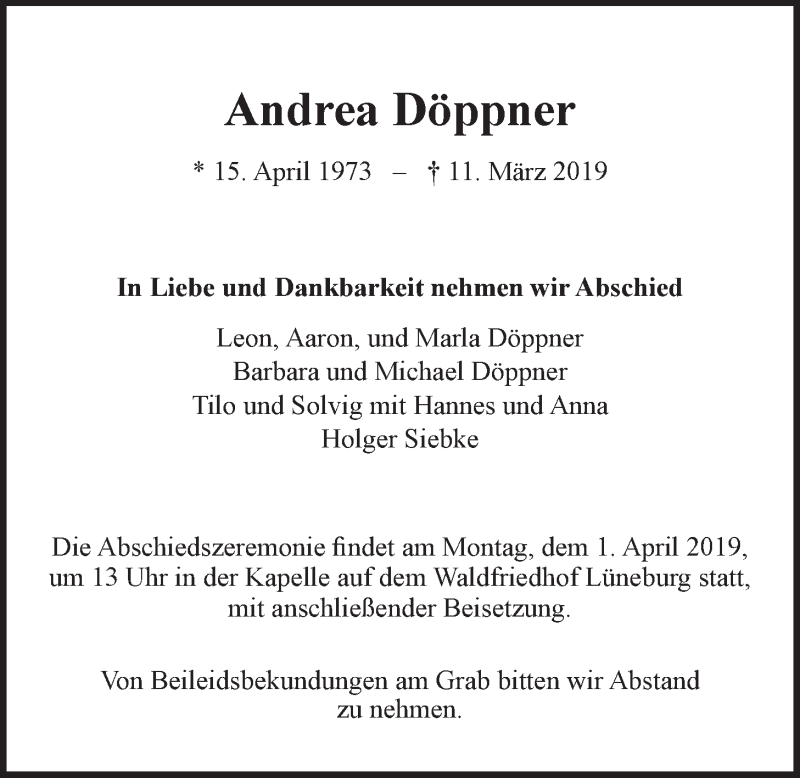  Traueranzeige für Andrea Döppner vom 22.03.2019 aus LZ