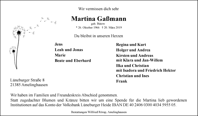  Traueranzeige für Martina Gaßmann vom 29.03.2019 aus LZ
