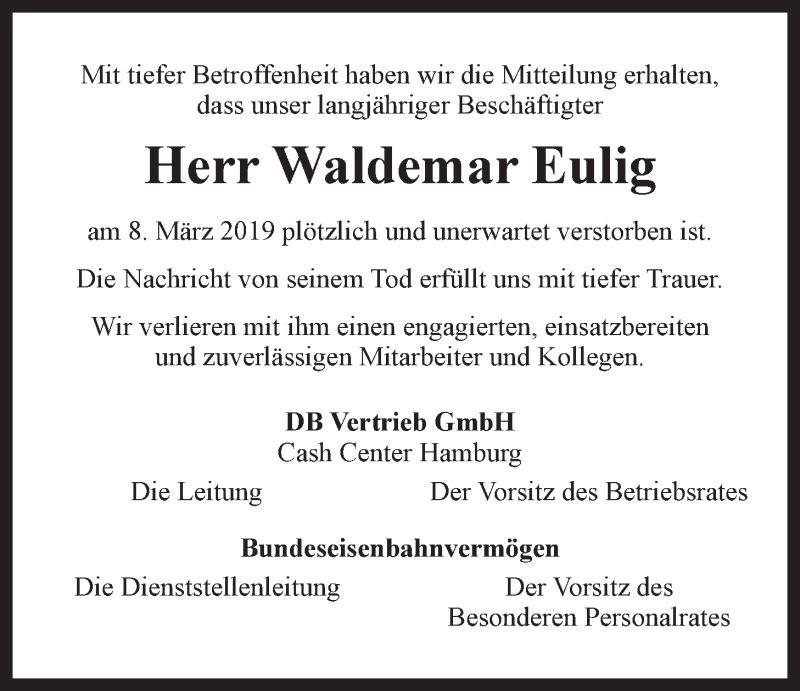  Traueranzeige für Waldemar Eulig vom 16.03.2019 aus LZ