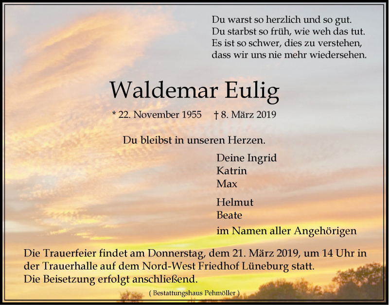  Traueranzeige für Waldemar Eulig vom 16.03.2019 aus LZ