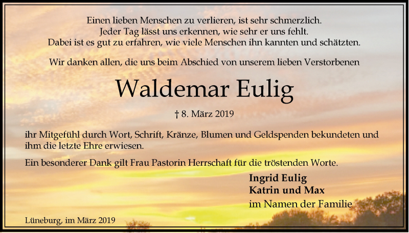  Traueranzeige für Waldemar Eulig vom 30.03.2019 aus LZ