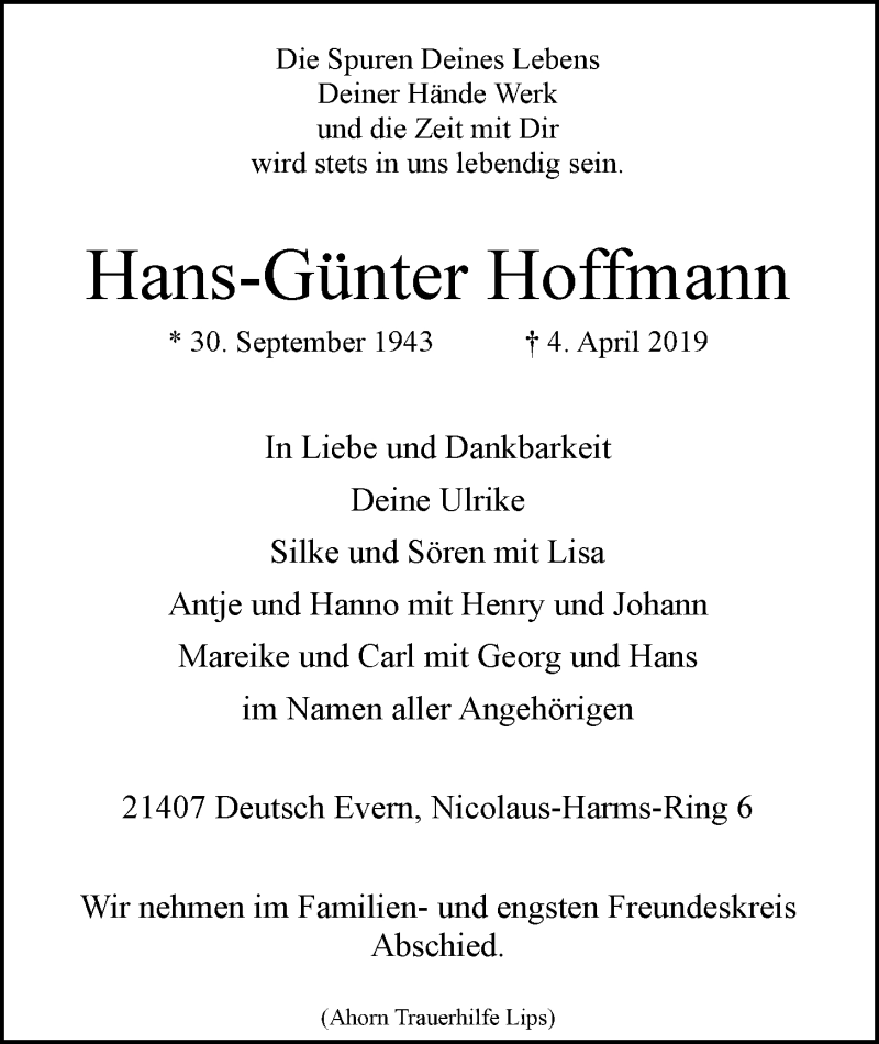  Traueranzeige für Hans-Günter Hoffmann vom 13.04.2019 aus LZ