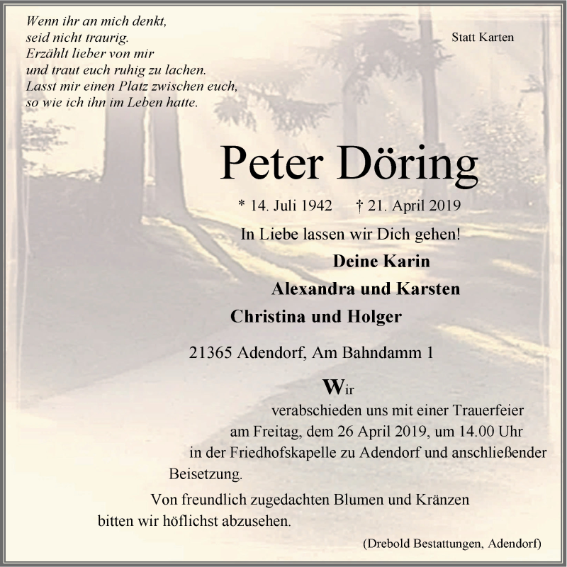  Traueranzeige für Peter Döring vom 23.04.2019 aus LZ