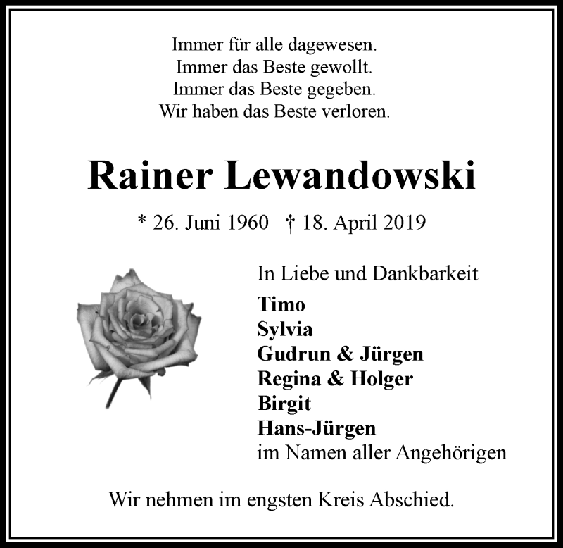  Traueranzeige für Rainer Lewandowski vom 27.04.2019 aus LZ