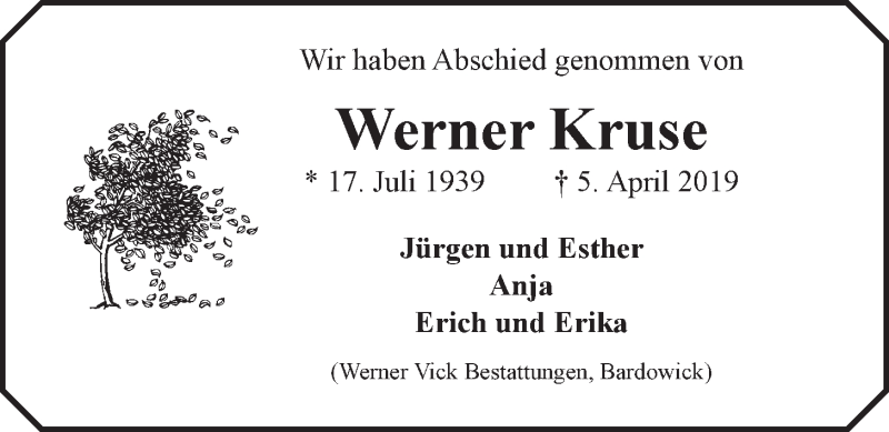  Traueranzeige für Werner Kruse vom 24.04.2019 aus LZ