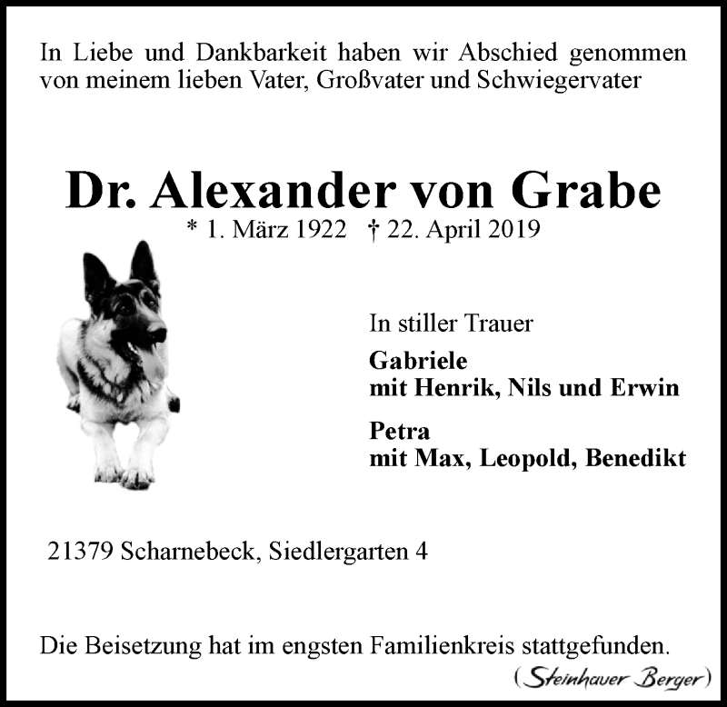  Traueranzeige für Alexander von Grabe vom 18.05.2019 aus LZ