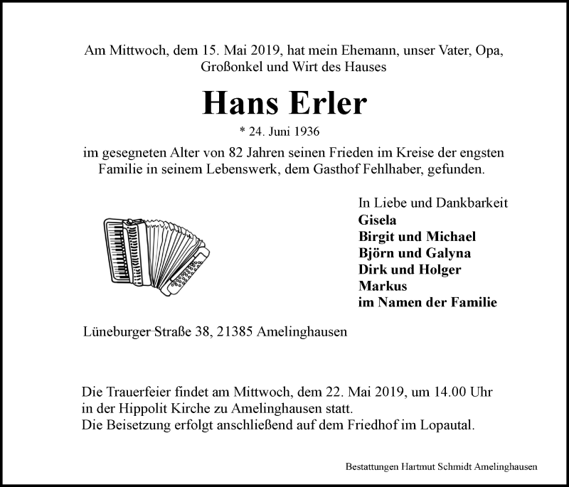  Traueranzeige für Hans Erler vom 18.05.2019 aus LZ