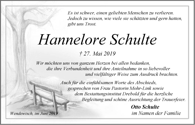  Traueranzeige für Hannelore Schulte vom 22.06.2019 aus LZ