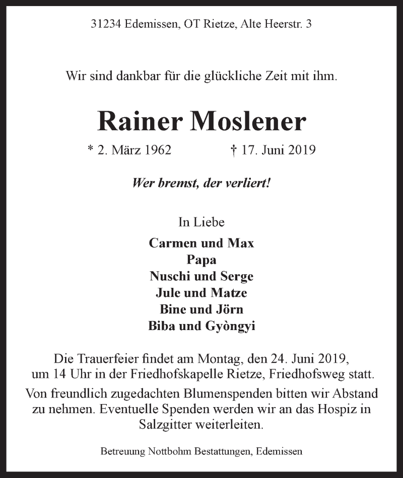  Traueranzeige für Rainer Moslener vom 20.06.2019 aus LZ