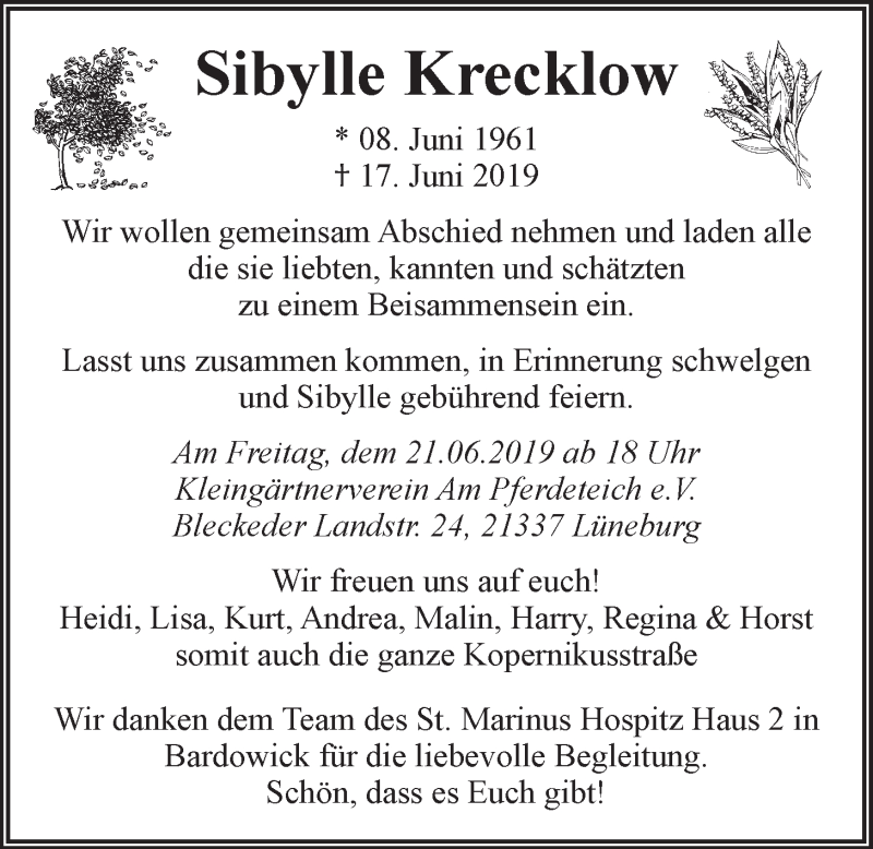  Traueranzeige für Sibylle Krecklow vom 19.06.2019 aus LZ