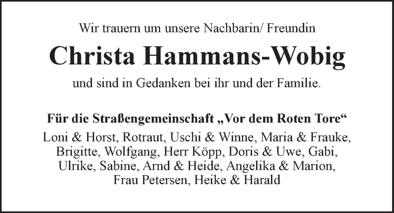  Traueranzeige für Christa Hammans-Wobig vom 06.07.2019 aus LZ