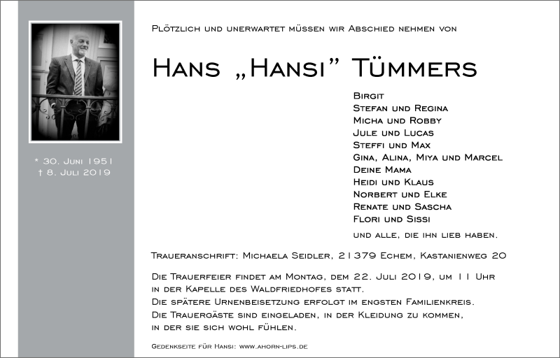 Traueranzeige für Hans Tümmers vom 17.07.2019 aus LZ