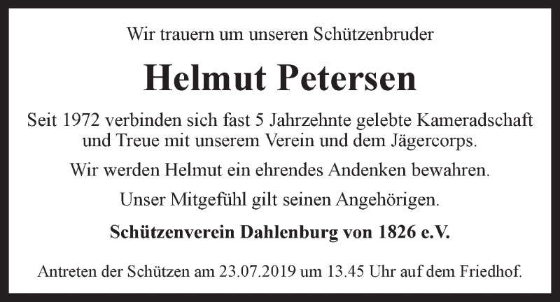  Traueranzeige für Helmut Petersen vom 19.07.2019 aus LZ