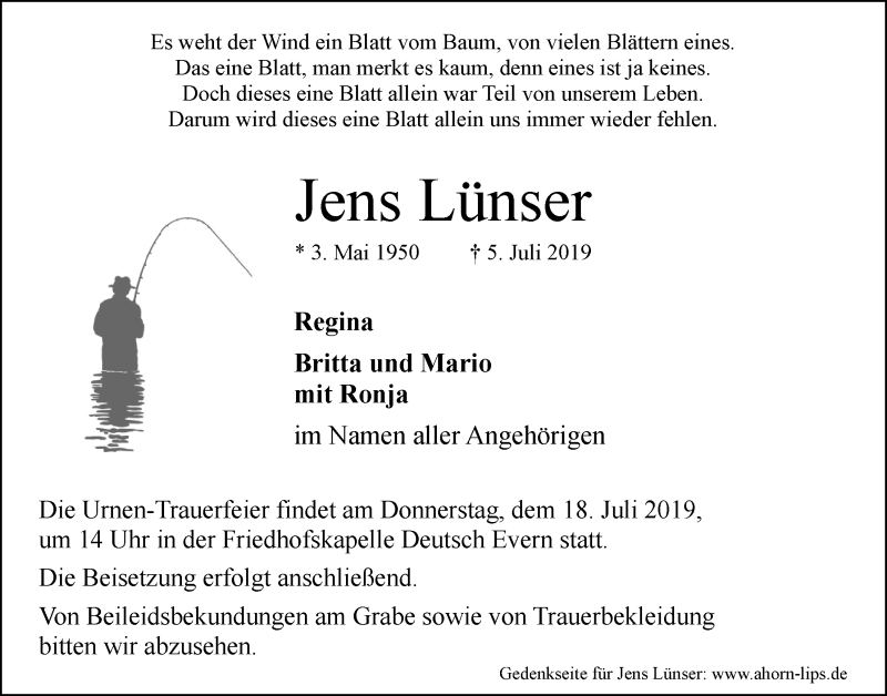  Traueranzeige für Jens Lünser vom 13.07.2019 aus LZ