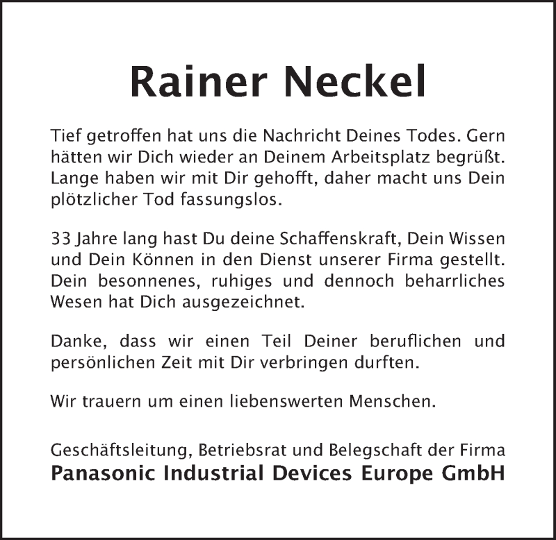  Traueranzeige für Rainer Neckel vom 16.07.2019 aus LZ