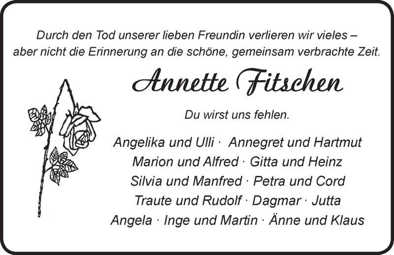  Traueranzeige für Annette Fitschen vom 17.08.2019 aus LZ