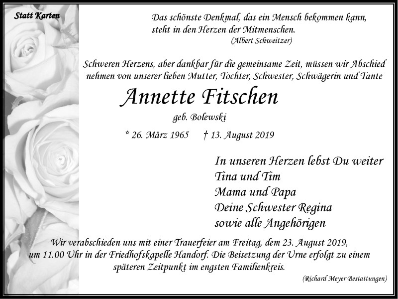  Traueranzeige für Annette Fitschen vom 17.08.2019 aus LZ