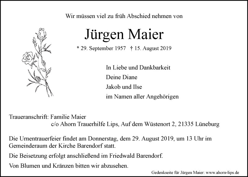  Traueranzeige für Jürgen Maier vom 24.08.2019 aus LZ