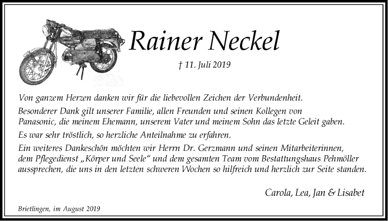  Traueranzeige für Rainer Neckel vom 09.08.2019 aus LZ