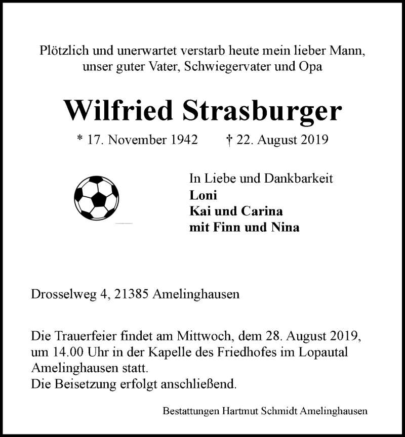  Traueranzeige für Wilfried Strasburger vom 24.08.2019 aus LZ