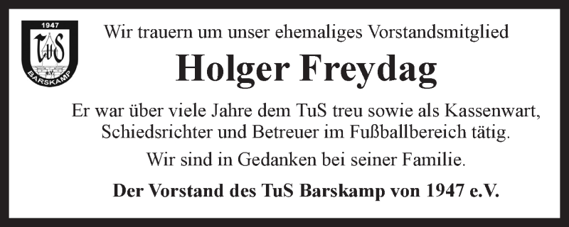  Traueranzeige für Holger Freydag vom 09.09.2019 aus LZ