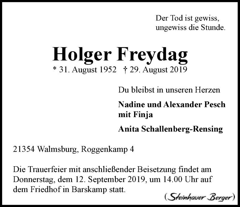  Traueranzeige für Holger Freydag vom 09.09.2019 aus LZ