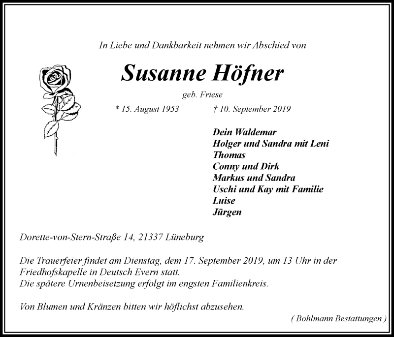  Traueranzeige für Susanne Höfner vom 14.09.2019 aus LZ