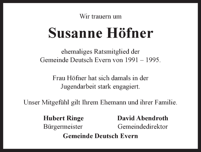  Traueranzeige für Susanne Höfner vom 19.09.2019 aus LZ