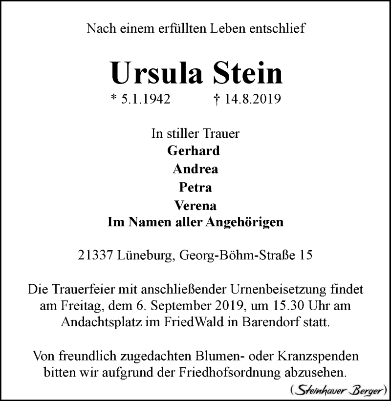  Traueranzeige für Ursula Stein vom 04.09.2019 aus LZ
