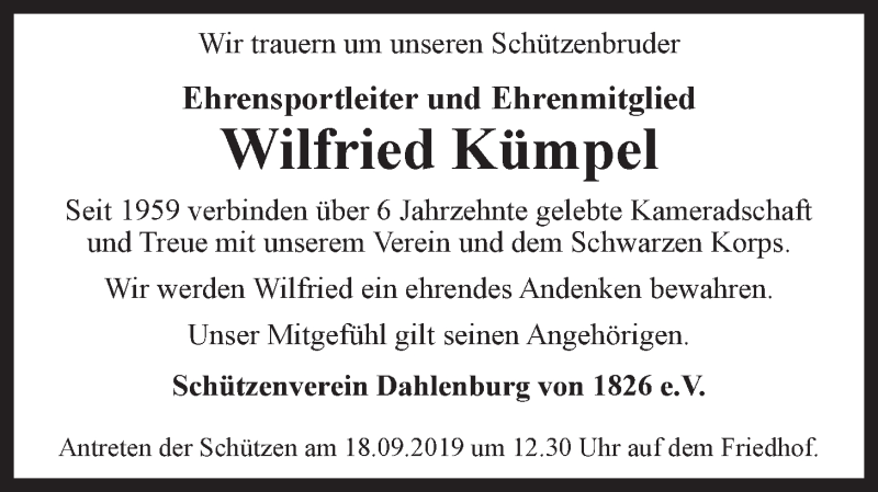  Traueranzeige für Wilfried Kümpel vom 14.09.2019 aus LZ