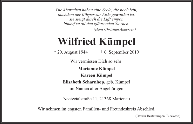  Traueranzeige für Wilfried Kümpel vom 14.09.2019 aus LZ