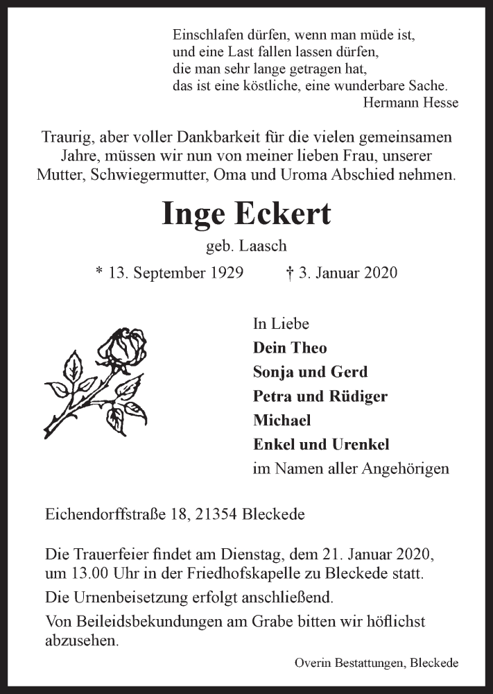  Traueranzeige für Inge Eckert vom 15.01.2020 aus LZ