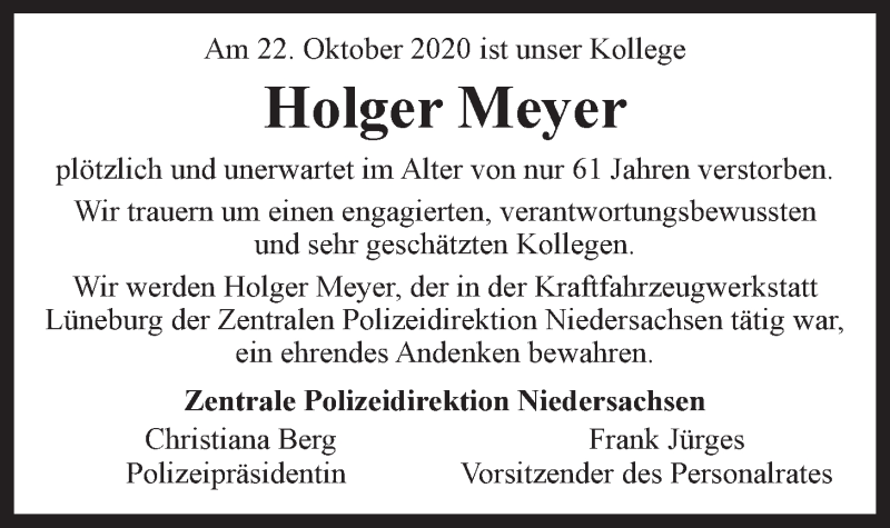  Traueranzeige für Holger Meyer vom 28.10.2020 aus LZ
