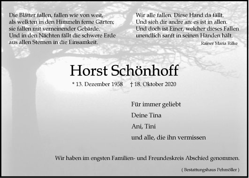  Traueranzeige für Horst Schönhoff vom 24.10.2020 aus LZ