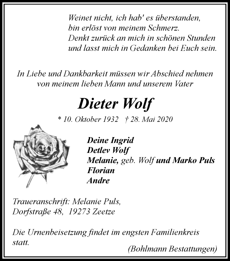  Traueranzeige für Dieter Wolf vom 30.05.2020 aus LZ