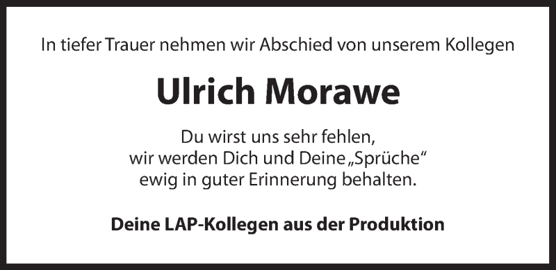  Traueranzeige für Ulrich  Morawe vom 30.05.2020 aus LZ