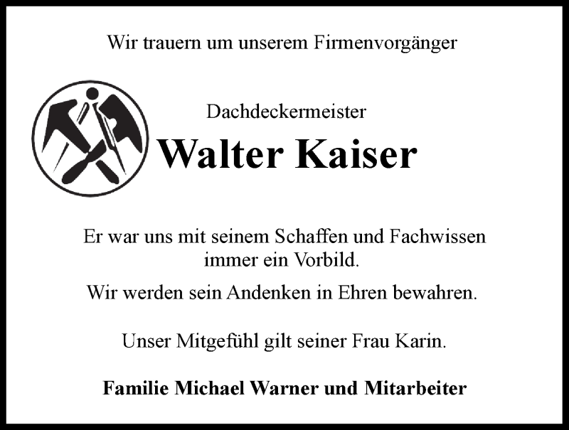  Traueranzeige für Walter Kaiser vom 27.06.2020 aus LZ