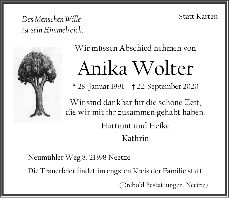  Traueranzeige für Anika Wolter vom 24.09.2020 aus LZ