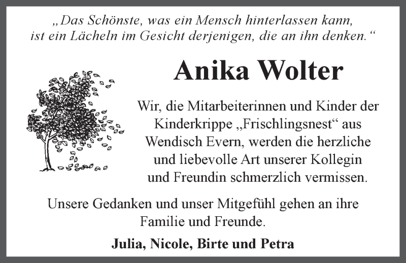  Traueranzeige für Anika Wolter vom 25.09.2020 aus LZ