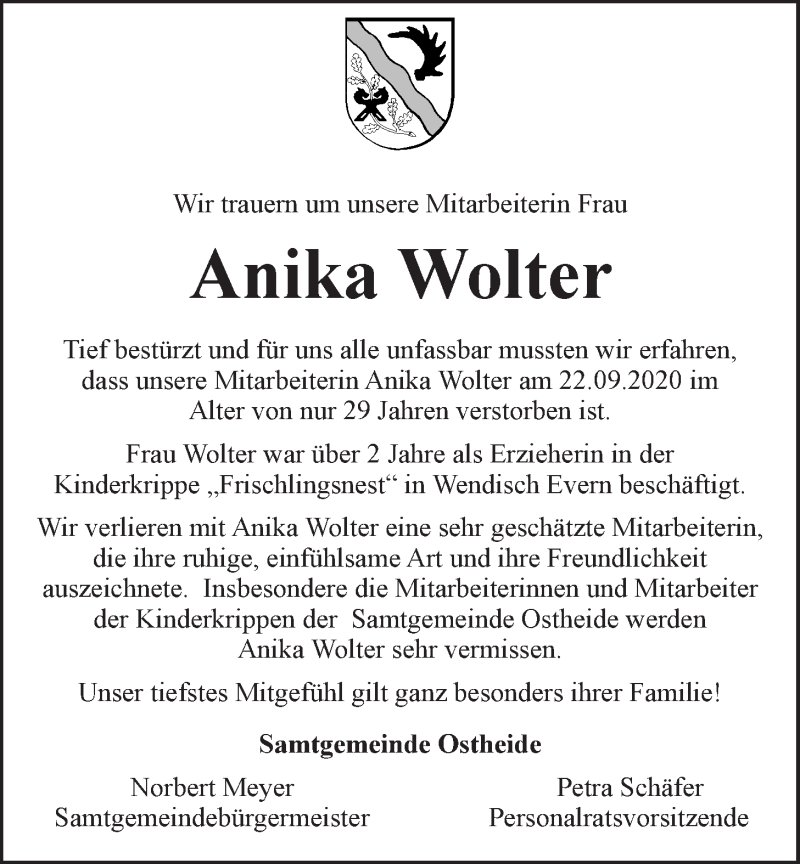  Traueranzeige für Anika Wolter vom 25.09.2020 aus LZ