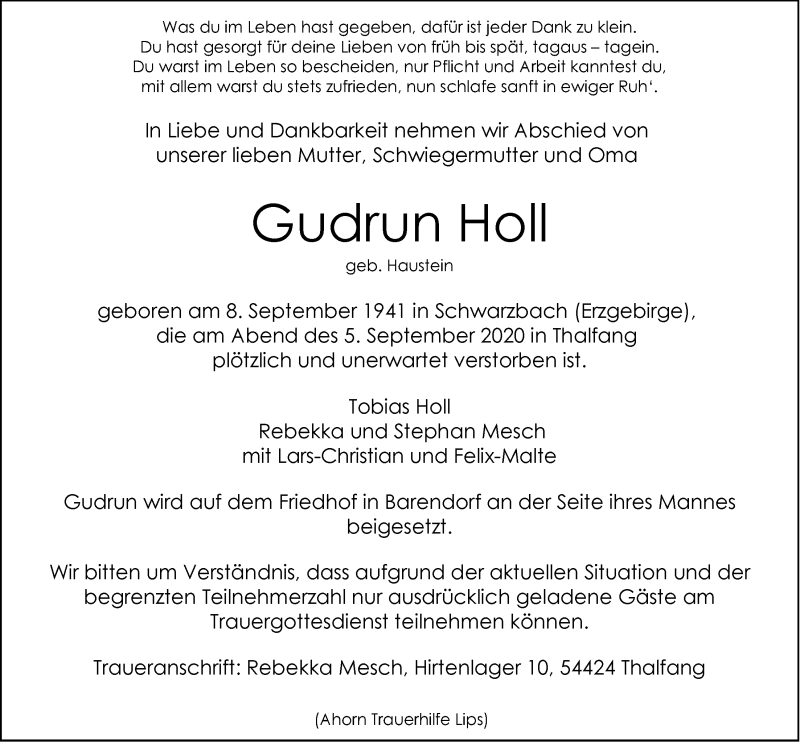  Traueranzeige für Gudrun Holl vom 09.09.2020 aus LZ