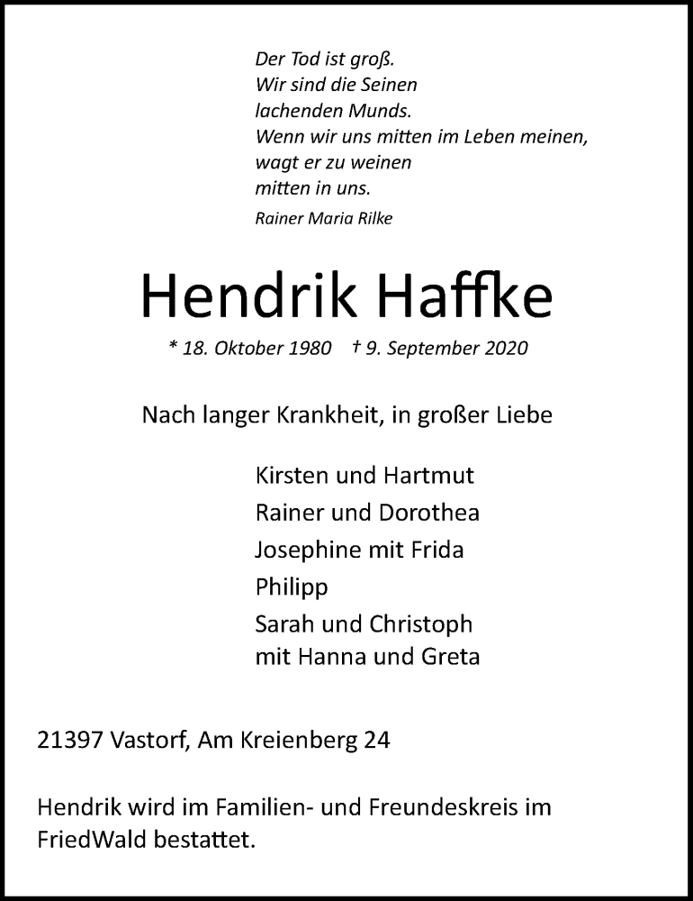  Traueranzeige für Hendrik Haffke vom 12.09.2020 aus LZ